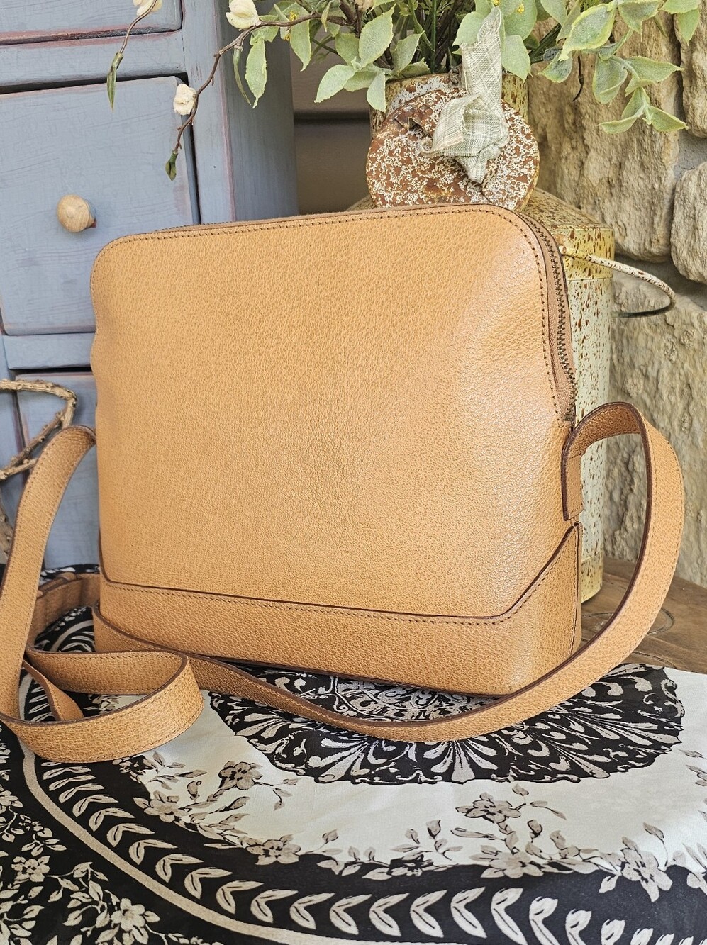 Vintage Celine Pebbled Leather Camara Crossbody Bag in Light Tan